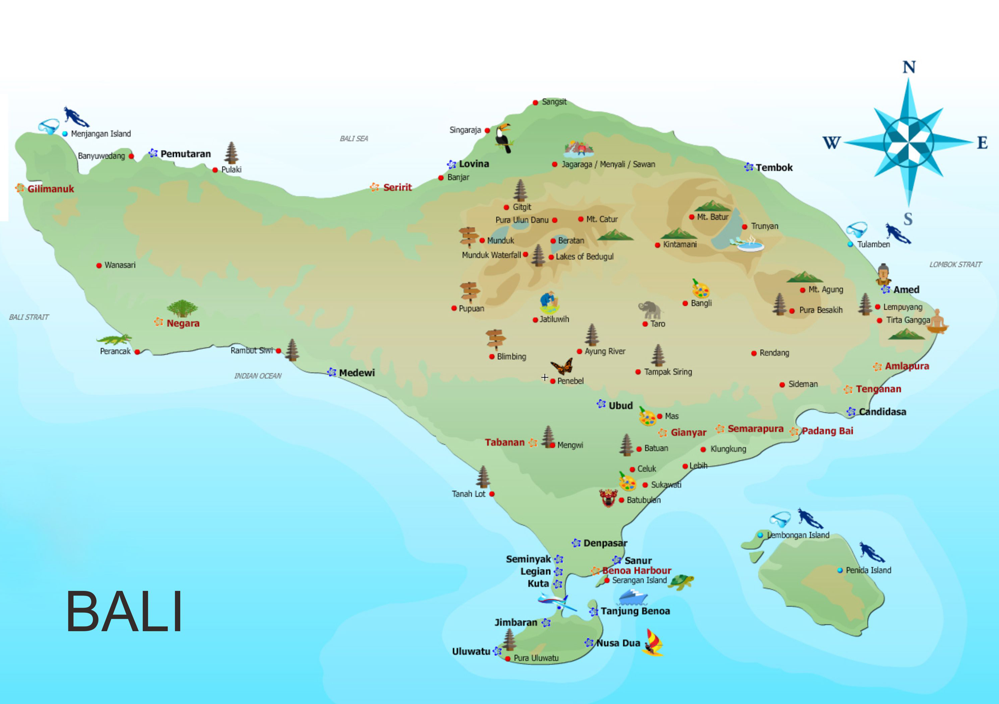 Бали на карте. Карта острова Бали с достопримечательностями. Бали остров Гили Бали. Остров Бали на карте.